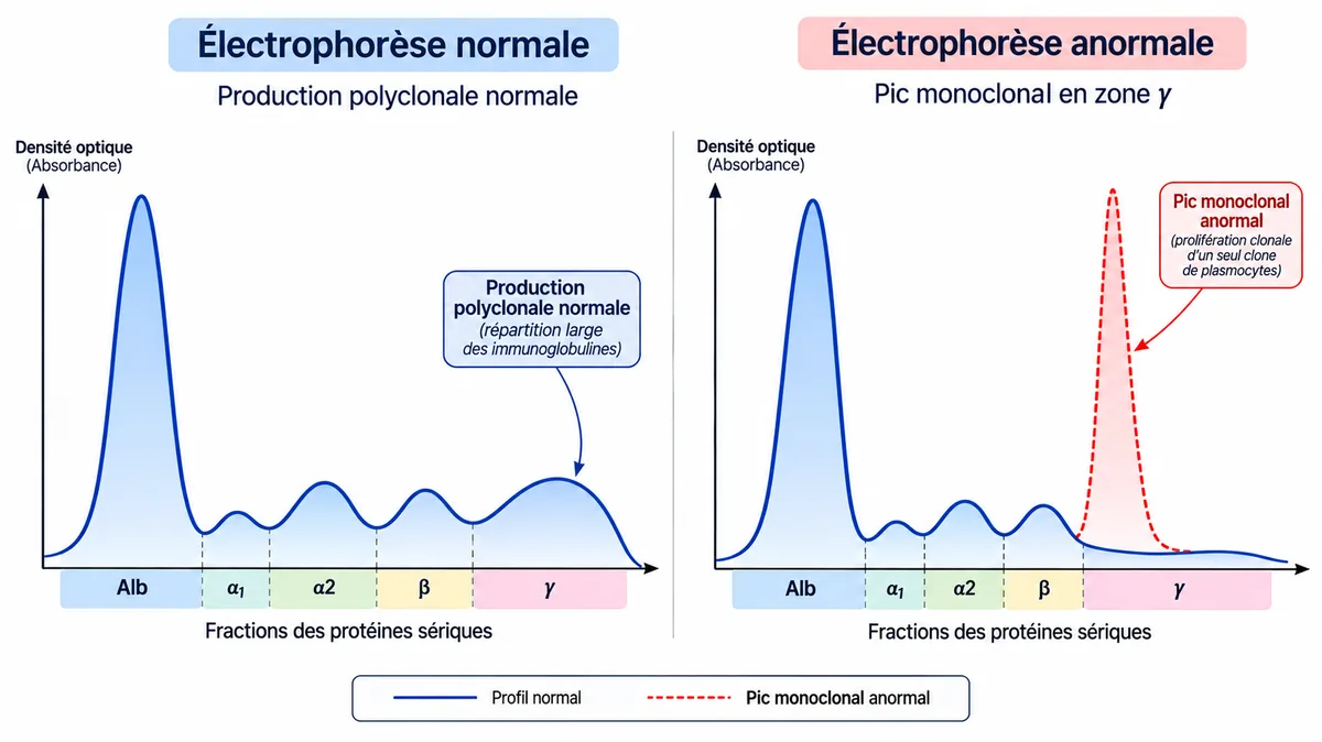 Schéma électrophorèse protéines sériques : comparaison courbe normale sans pic et anomalie avec pic monoclonal