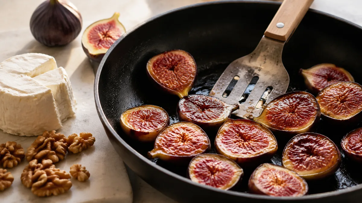 Demi-figues fraîches caramélisées à la poêle avec chèvre