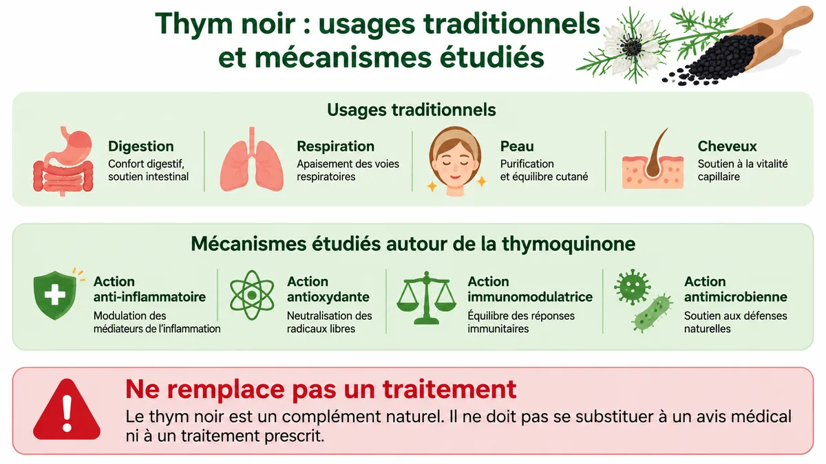 Infographie sur preuves et usages de l'huile de nigelle