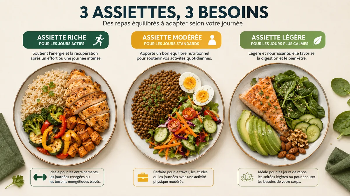 Trois assiettes carb cycling riches modérées et faibles