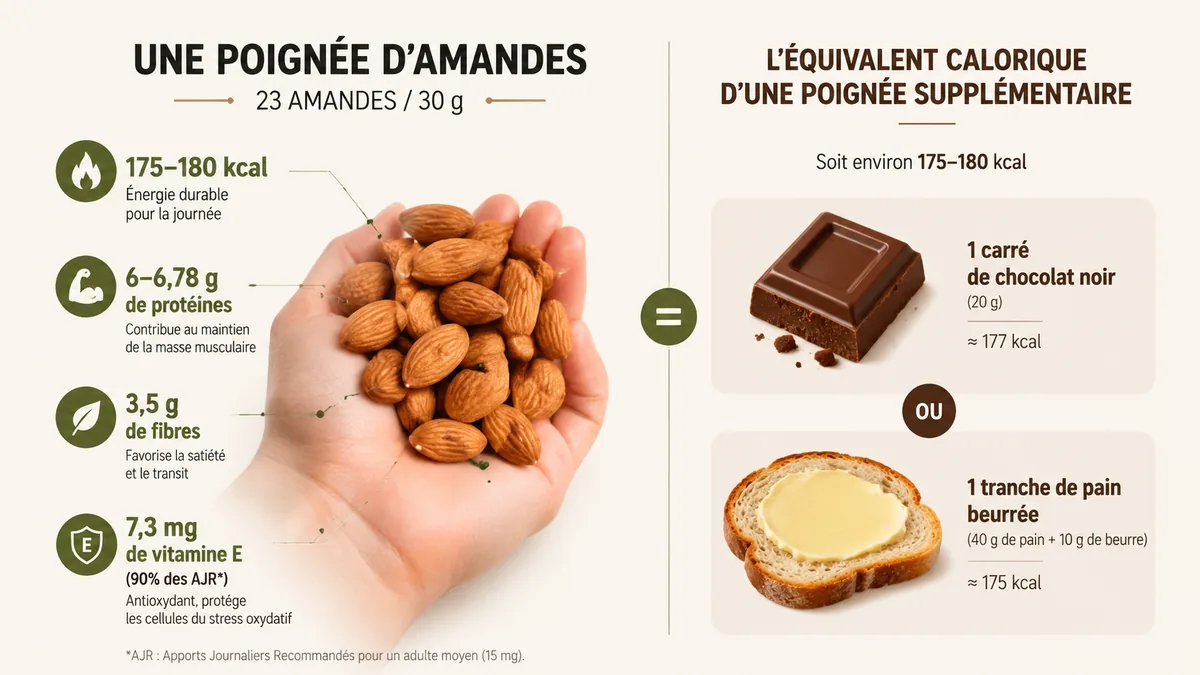 Infographie poignée d'amandes 30g calories et équivalents alimentaires