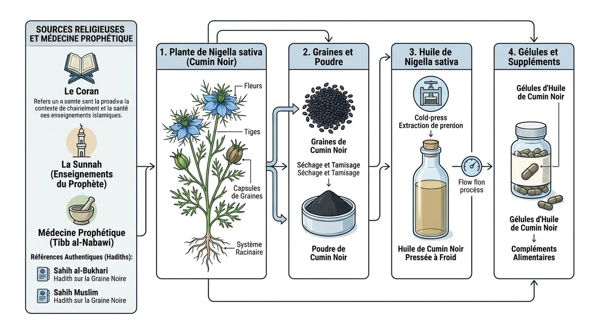 Schéma des formes de nigelle et sources islamiques