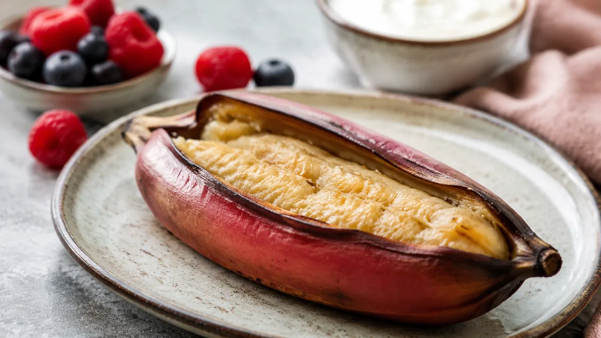 Banane rose cuite au four avec fruits rouges