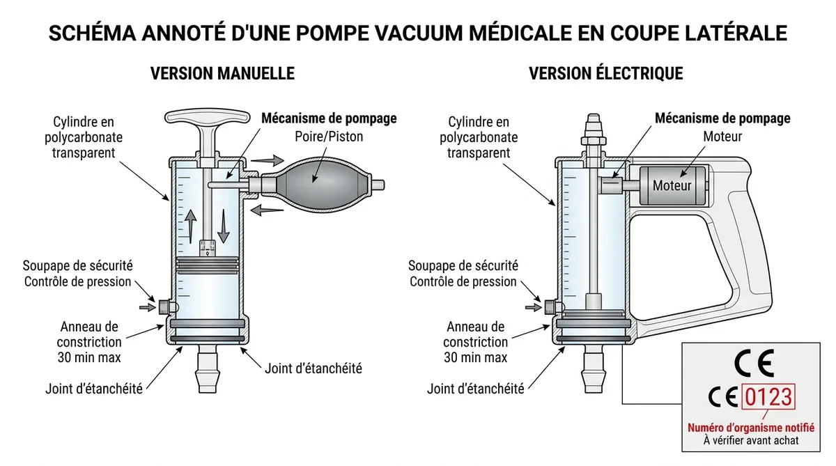 Schéma annoté pompe vacuum médicale cylindre anneau certification CE