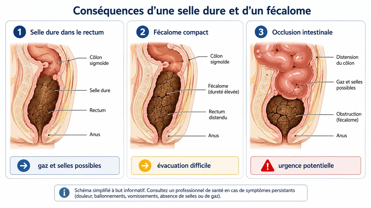 Schéma selle dure fécalome et occlusion intestinale