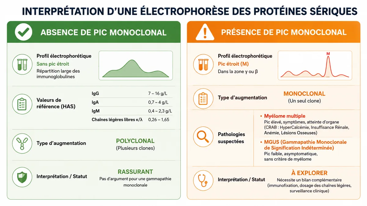 Tableau comparatif infographie absence versus présence immunoglobuline monoclonale avec valeurs de référence