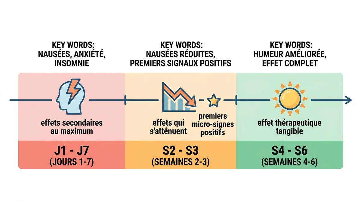 Timeline semaine par semaine des effets secondaires et bénéfices du Zoloft de J1 à S6