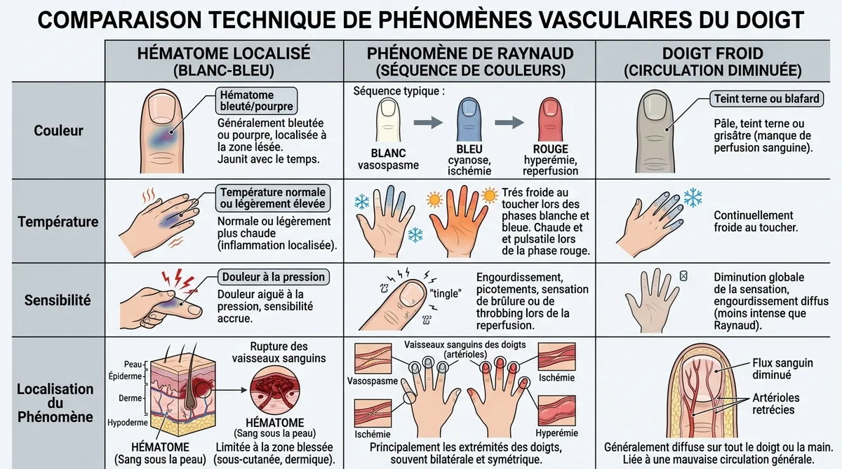 Comparaison visuelle hématome Raynaud et mauvaise circulation du doigt