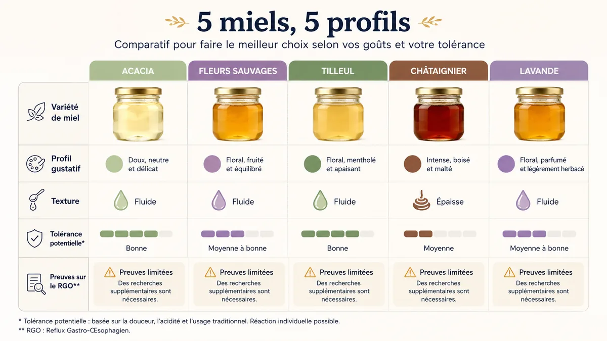 Comparatif visuel de cinq variétés de miel