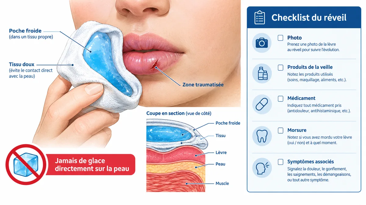 Compresse froide protégée sur une lèvre gonflée
