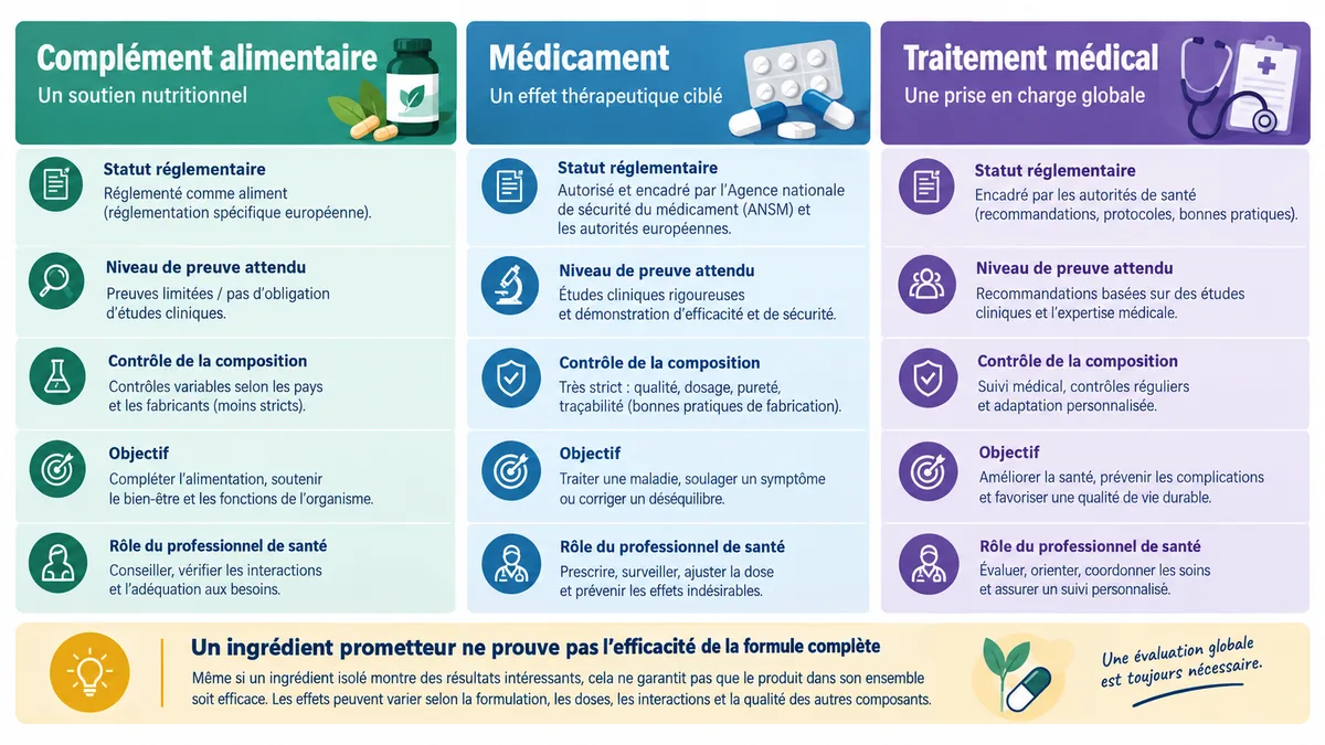 Comparaison complément alimentaire médicament traitement médical