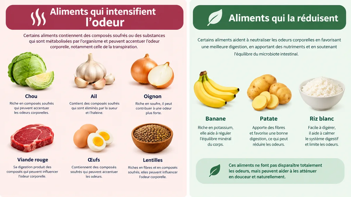 Infographie des aliments qui aggravent ou réduisent l'odeur des gaz intestinaux