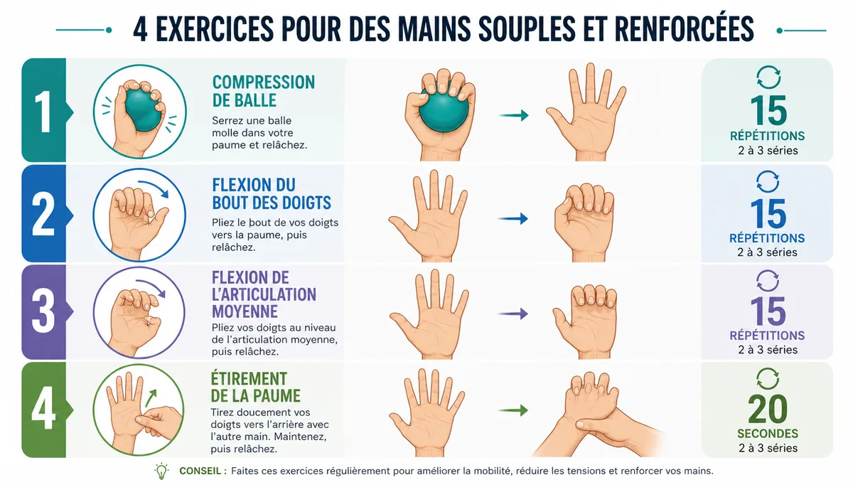 Infographie des 4 exercices pour soigner naturellement un doigt à ressaut