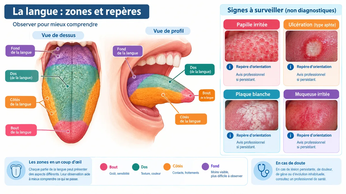 Infographie des lésions possibles selon la zone de la langue