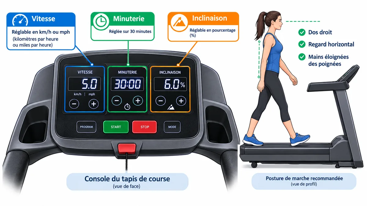 Réglages 12-5-30 sur console de tapis de course