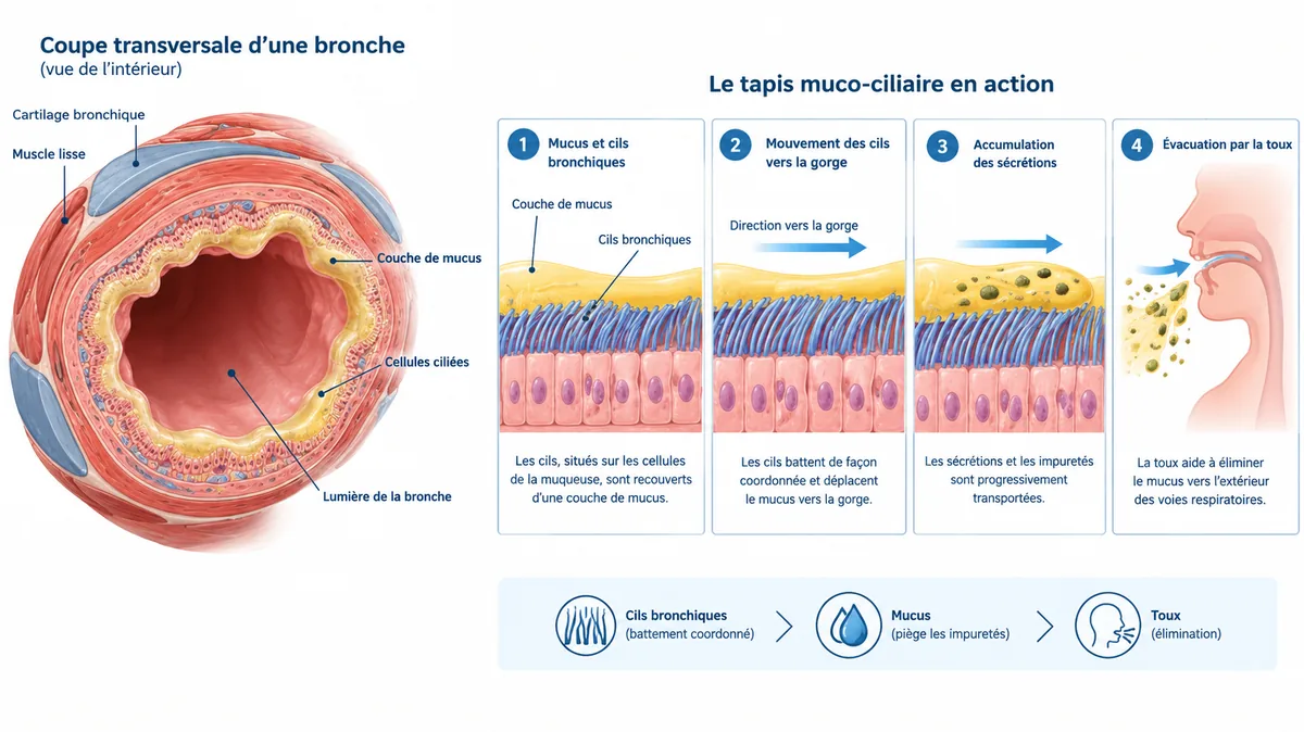 Schéma des cils bronchiques et de l'évacuation du mucus