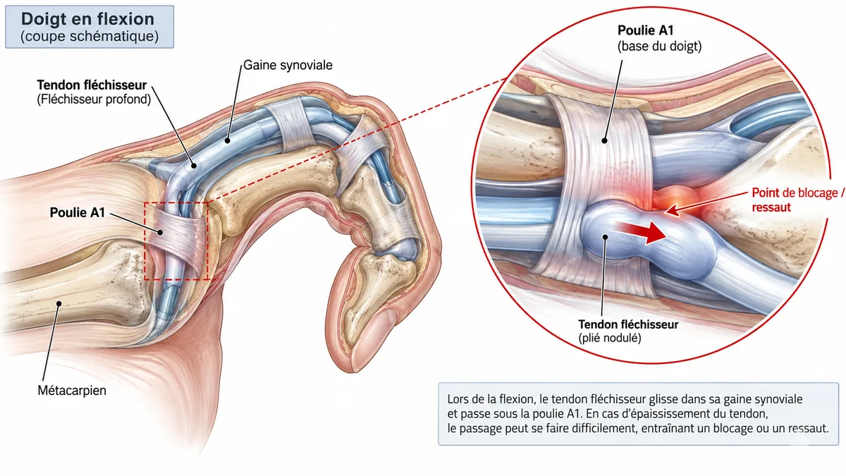 Schéma anatomique du tendon fléchisseur bloqué dans la poulie A1