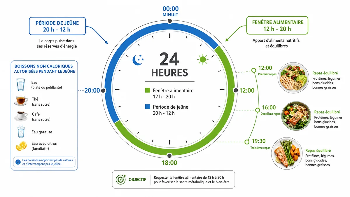 Schéma des horaires d'une journée de jeûne 16/8