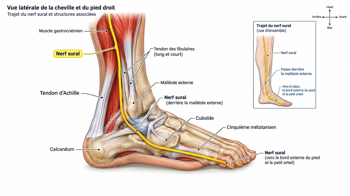 Trajet du nerf sural derrière la malléole externe