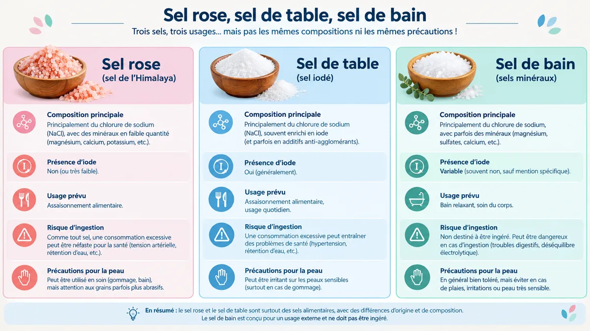 Comparaison entre sel rose sel de table et sel de bain