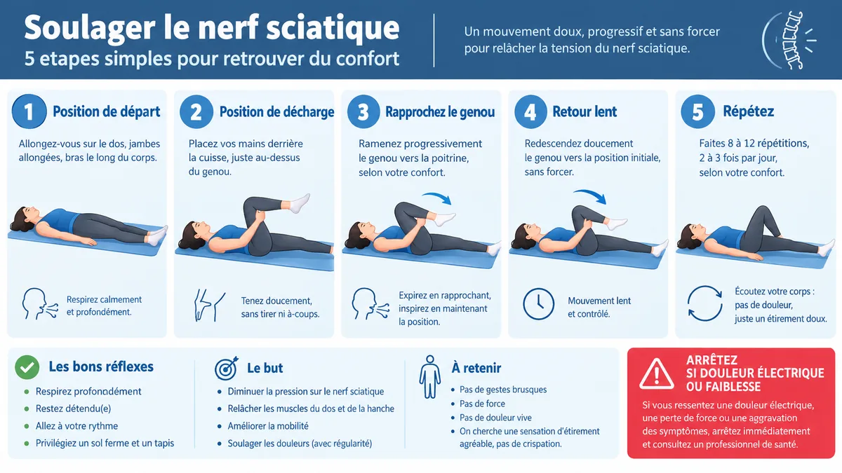 Étapes illustrées d’un mouvement doux pour douleur sciatique