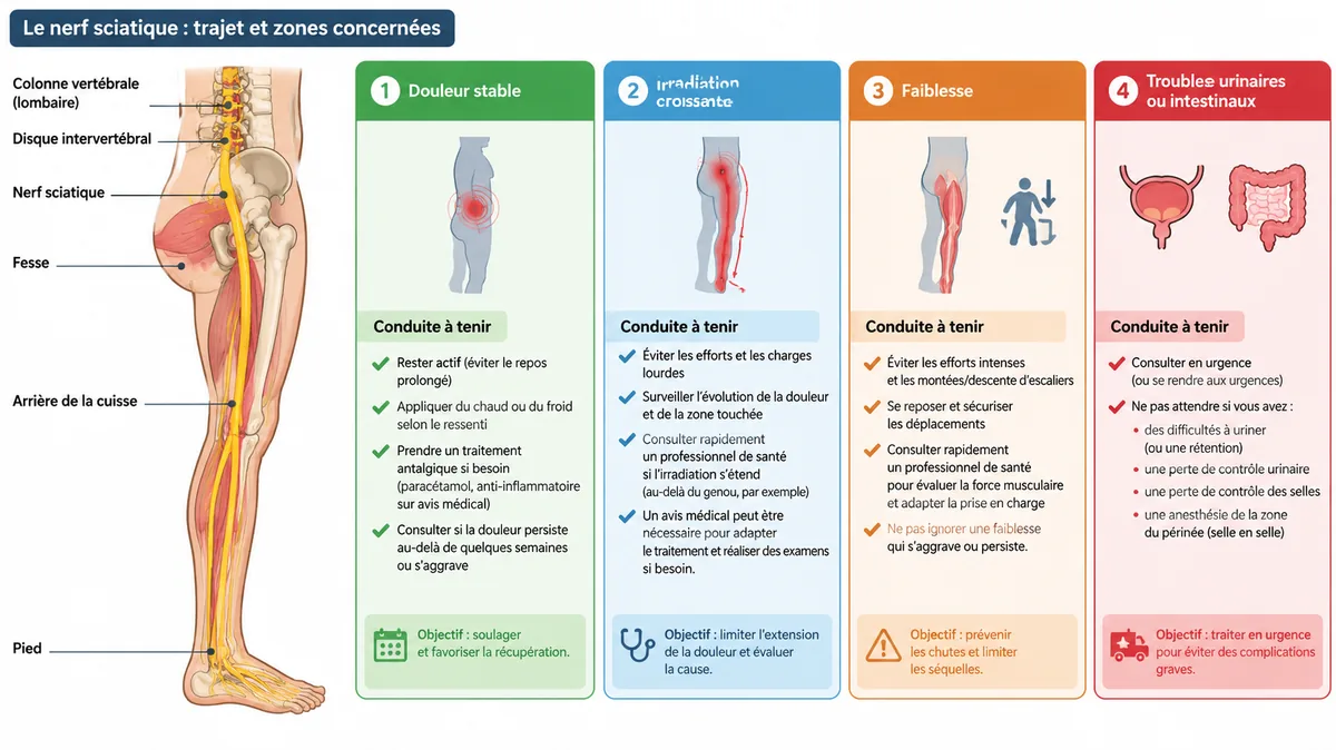 Schéma du trajet de la douleur sciatique et signes d’alerte