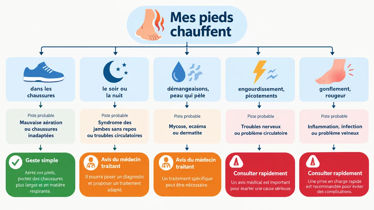 Arbre de décision illustrant les causes des pieds qui chauffent selon les symptômes associés