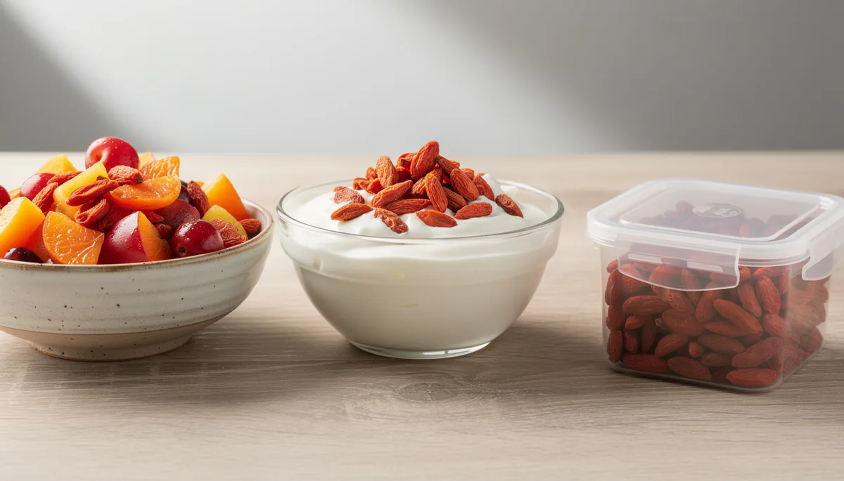 Bol de yaourt garni de baies de goji, avec un bol de fruits et une boîte de baies de goji