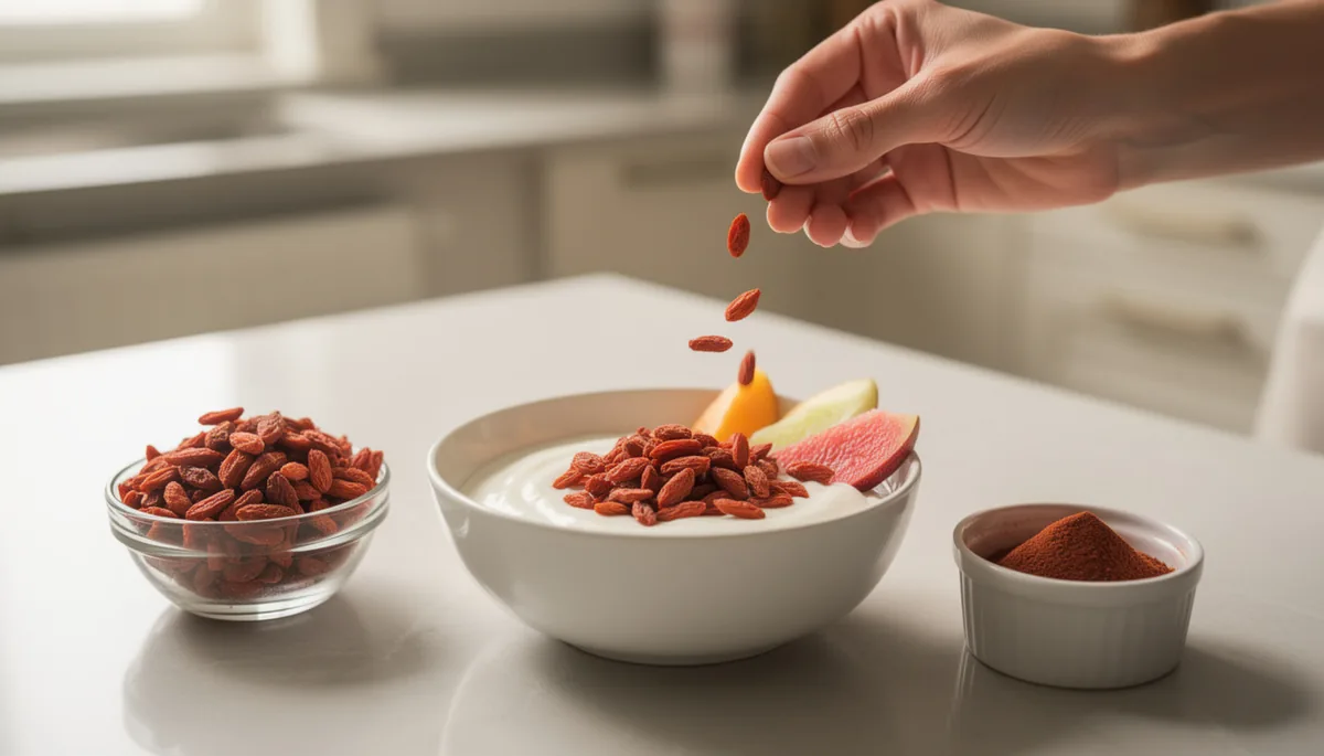 Baies de goji sèches dans un bol et saupoudrées sur un yaourt avec des fruits gras