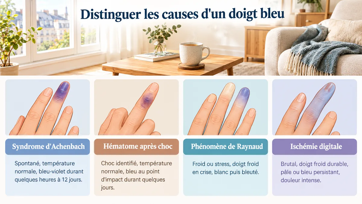 Mains présentant un doigt bleu selon le syndrome d'Achenbach, un hématome, le phénomène de Raynaud et une ischémie