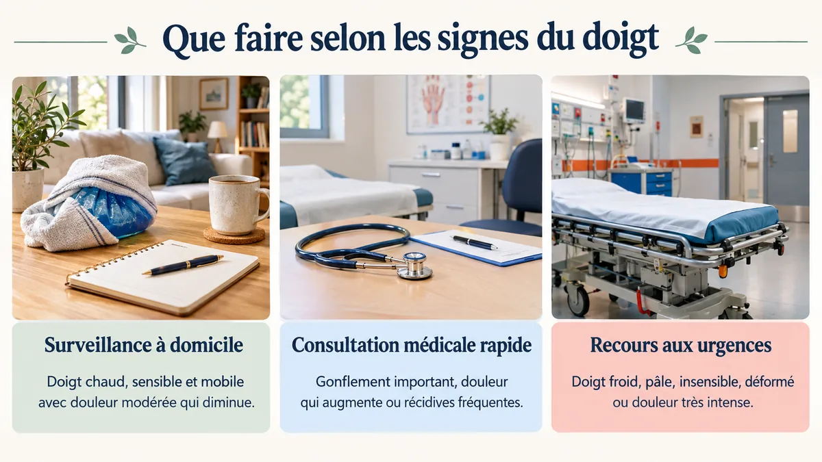 Poche de glace, stéthoscope et brancard pour orienter les soins selon les signes d'un vaisseau éclaté au doigt