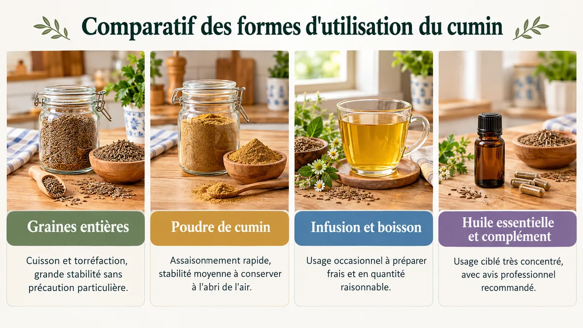 Le cumin préparé en graines, en tisane ou en extrait liquide avec les conseils d'usage associés à chaque forme