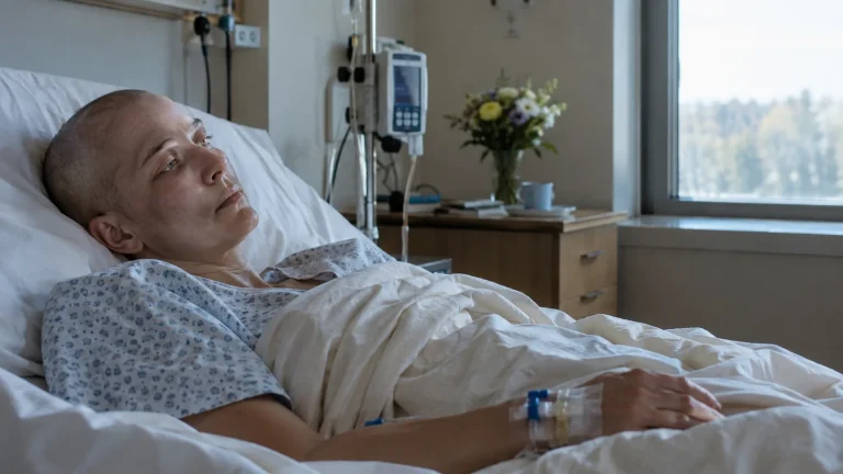 Patiente atteinte d'un glioblastome stade 4 alitée à l'hôpital avec une perfusion