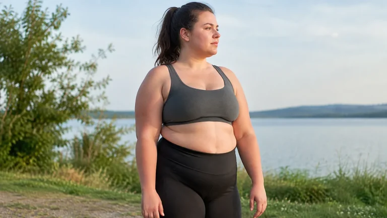 Femme en brassière et legging de sport dévoilant sa silhouette et son ventre au bord d'un lac