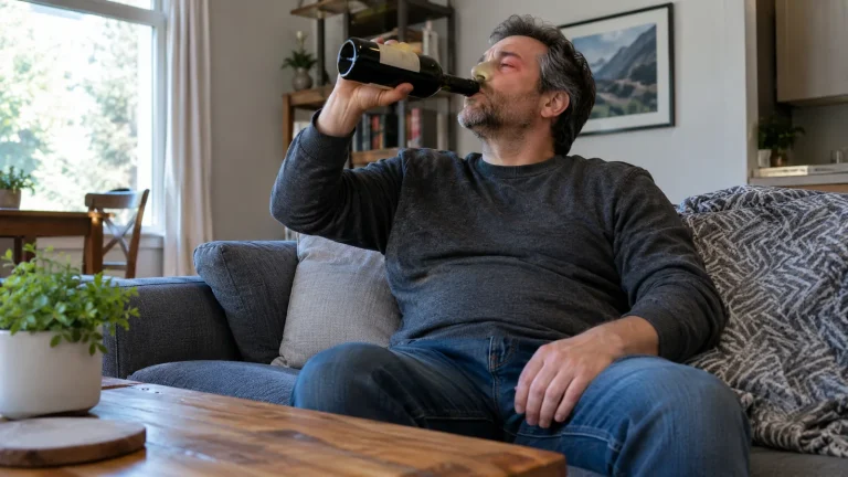 Un homme boit directement à la bouteille de vin sur son canapé