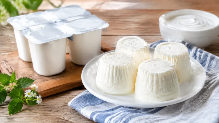 Assortiment de petits suisses et de fromages blancs sur une table en bois