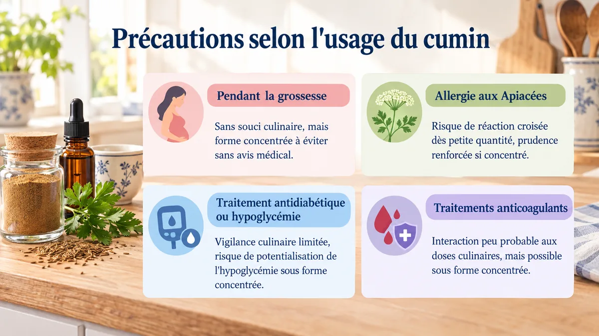 Précautions d'usage du cumin selon la grossesse, les allergies et les traitements, avec flacon d'extrait et graines