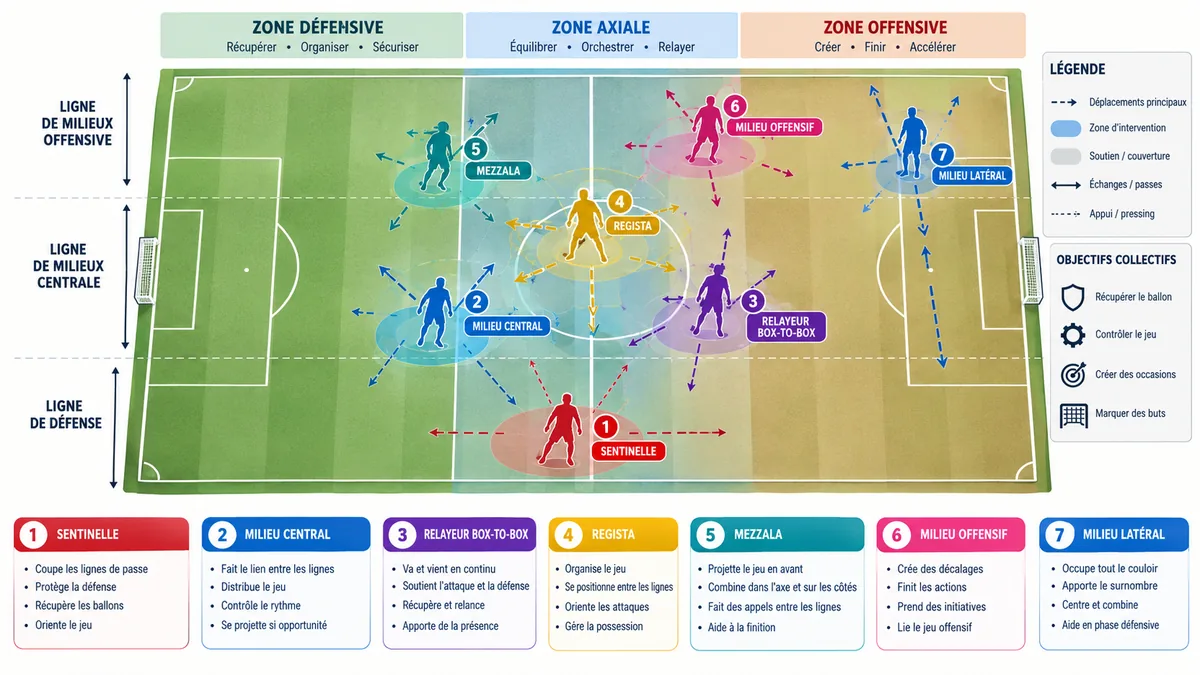 Schéma des rôles de milieu de terrain au football