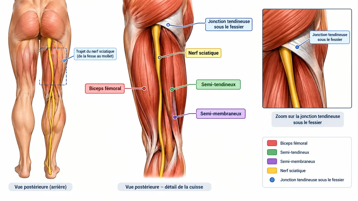 Anatomie postérieure de la cuisse montrant les ischio-jambiers et le trajet du nerf sciatique