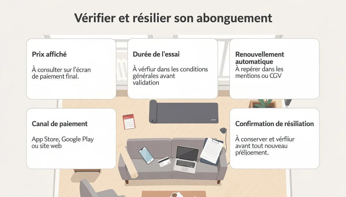 Les points de contrôle d’un abonnement apparaissent autour d’un bureau, du prix affiché à la confirmation de résiliation
