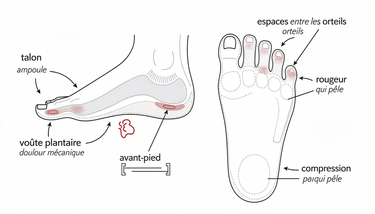 La gêne sous le pied est localisée au talon, à la voûte plantaire ou à l’avant-pied, avec rougeur ou peau qui pèle